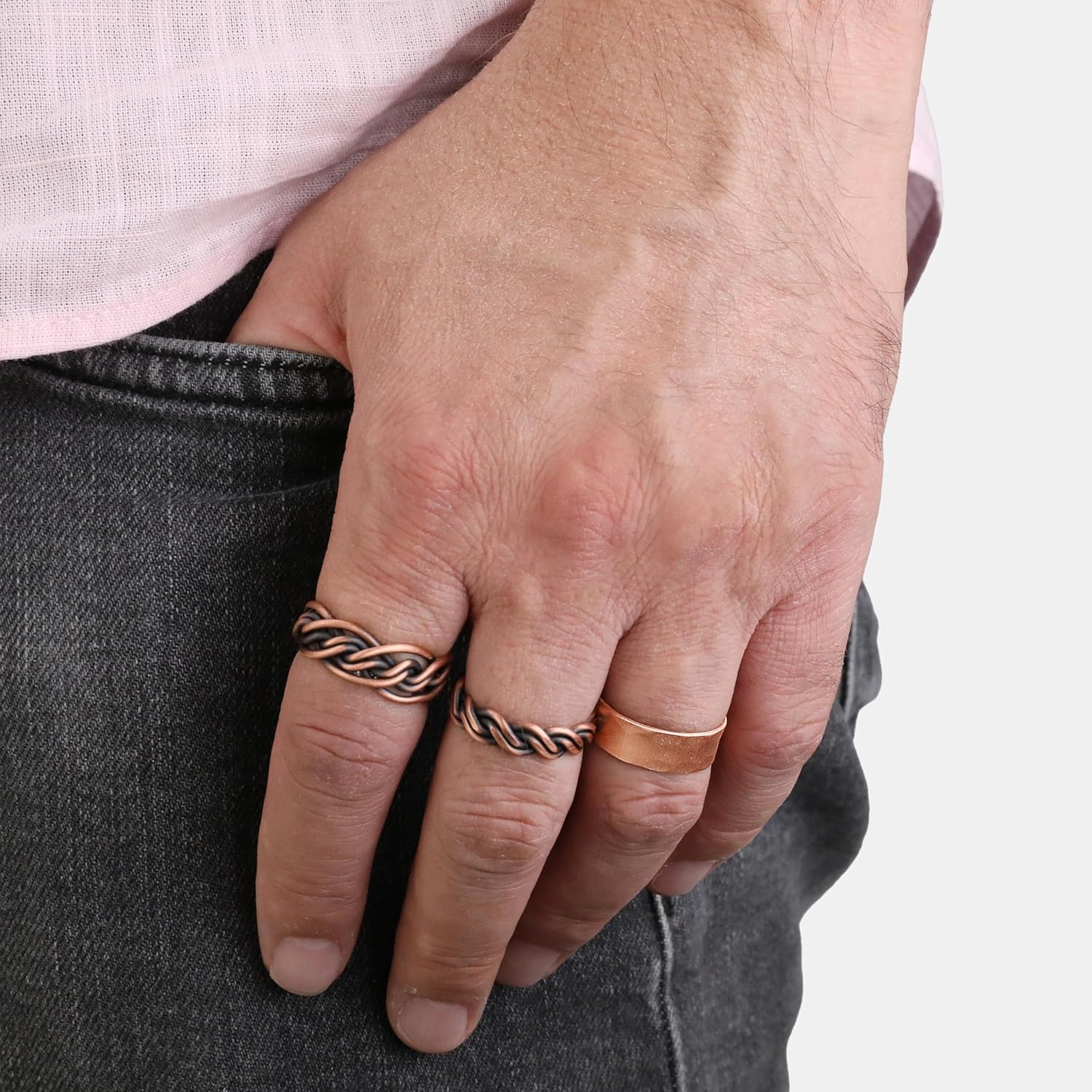 Handmade adjustable rings made of pure copper in a set of three-Elegant Design Pure Copper Rings(intricate-helix-hammered)