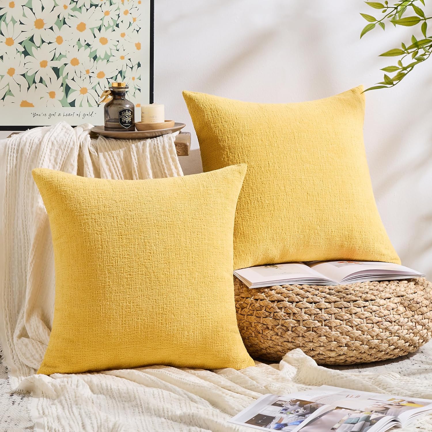 GAWAMAY Set of 2 Soft Textured Chenille Throw Pillow Covers 20x20 Inch (50x50 CM), Decorative Pillowcases Cushion Covers for Farmhouse Home Decor, Couch Living Room Sofa Bedroom Chair, Yellow