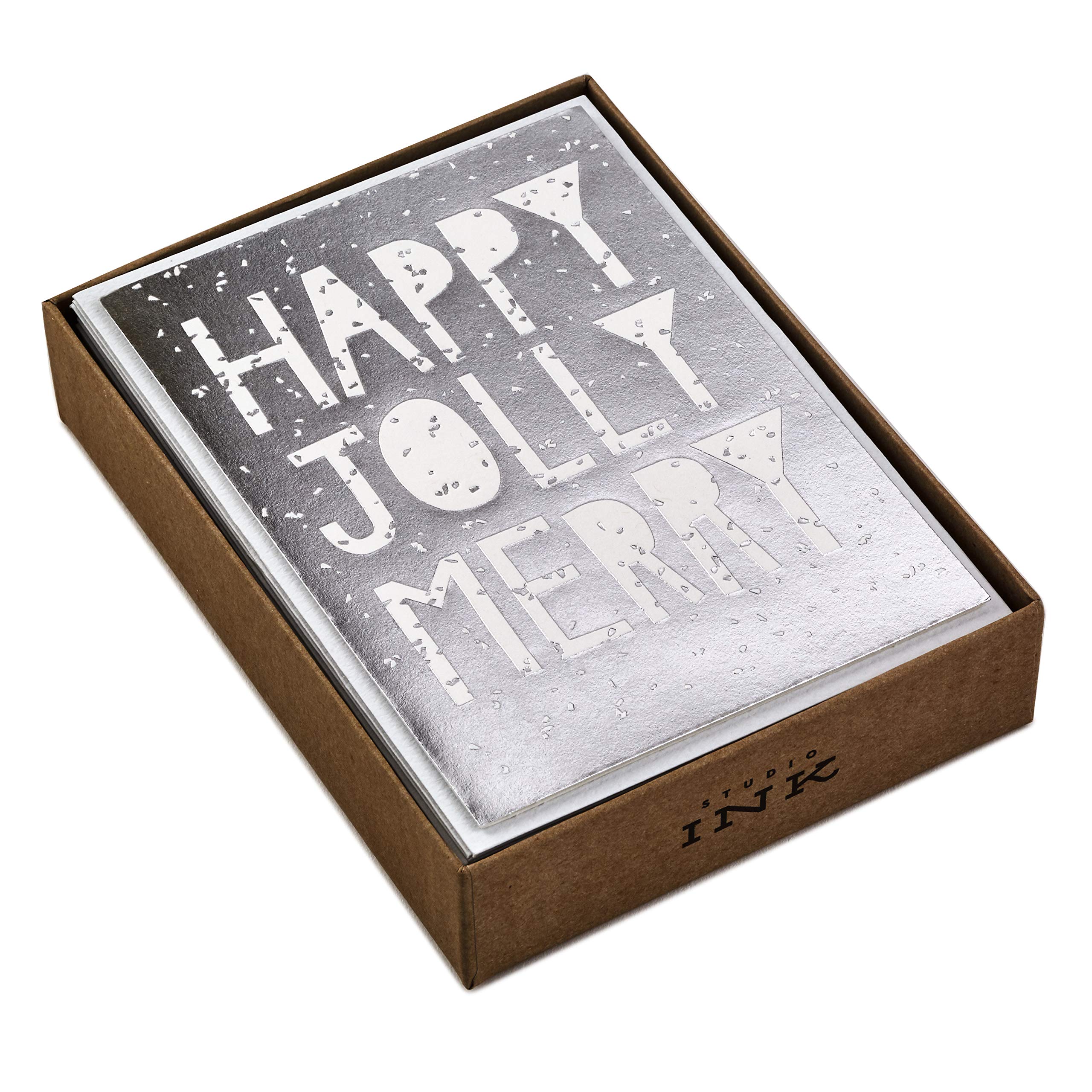 Hallmark Studio Ink Boxed Christmas Cards, Happy Jolly Merry (12 Cards with Envelopes)