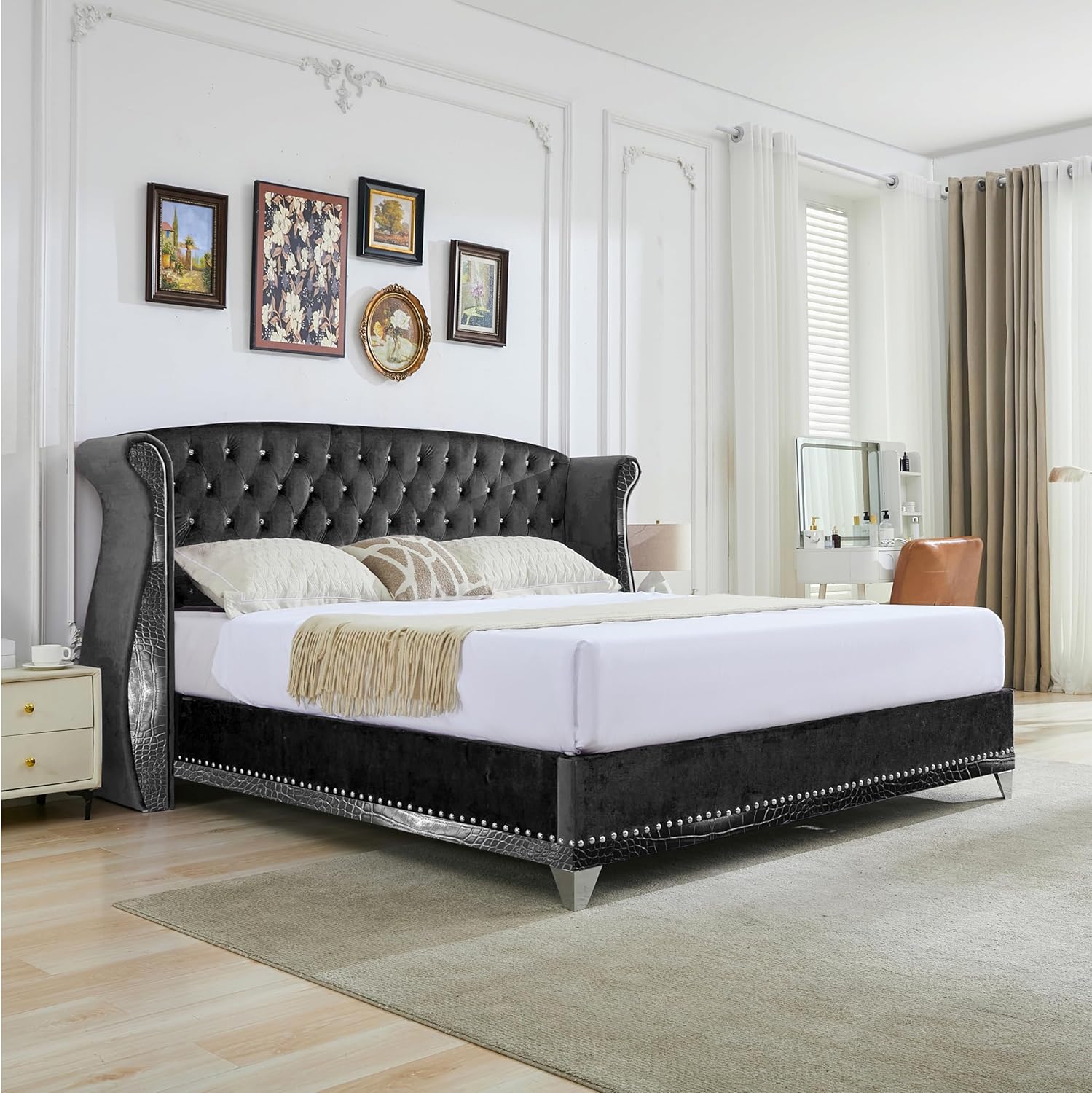 GDFStudio Queen Size Velvet Upholstered Platform Bed Frame with Curved Wingback Headboard,Faux Leather Tufted & Nailhead Trim,No Box Spring Needed,Easy Assembly,Modern Style,Black