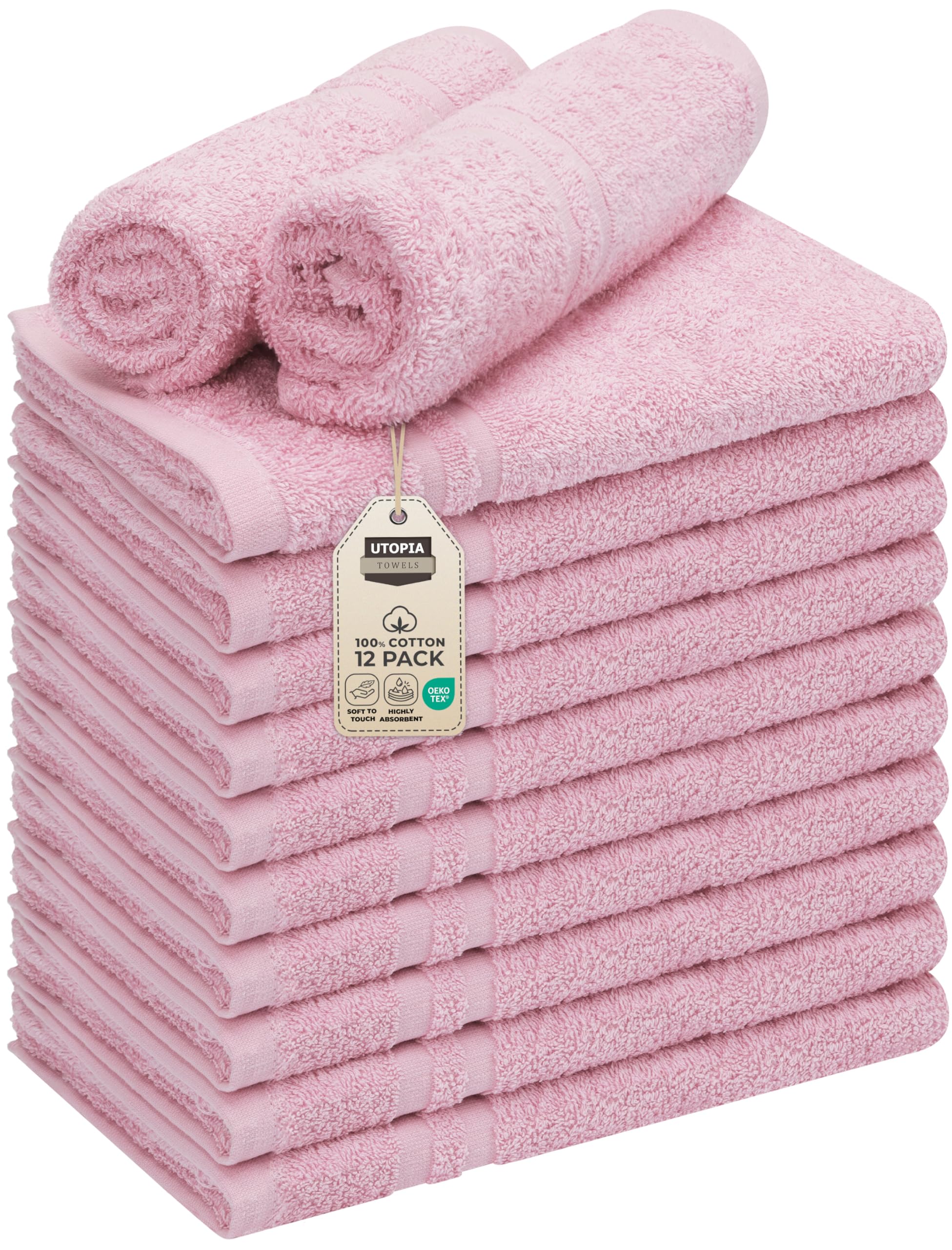 Towels Cotton Bleach Proof Salon Towel 16 by 27 inches, Bleach Safe Gym 100% Cotton Hand Towel, 12 Pack, Pink
