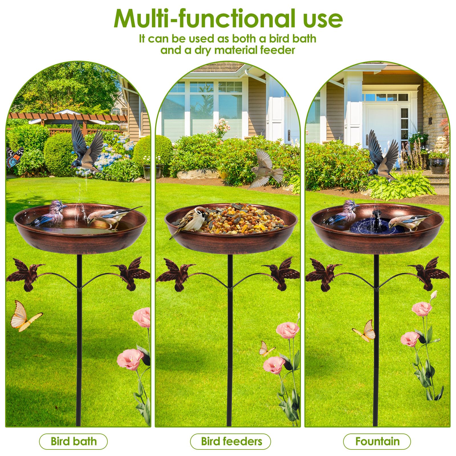Bebedero de metal para pájaros de pie, para exterior, jardín, vintage, con base estable de 5 puntas, bebedero de agua para pájaros, aves silvestres, bebedero antiguo para jardín, patio trasero