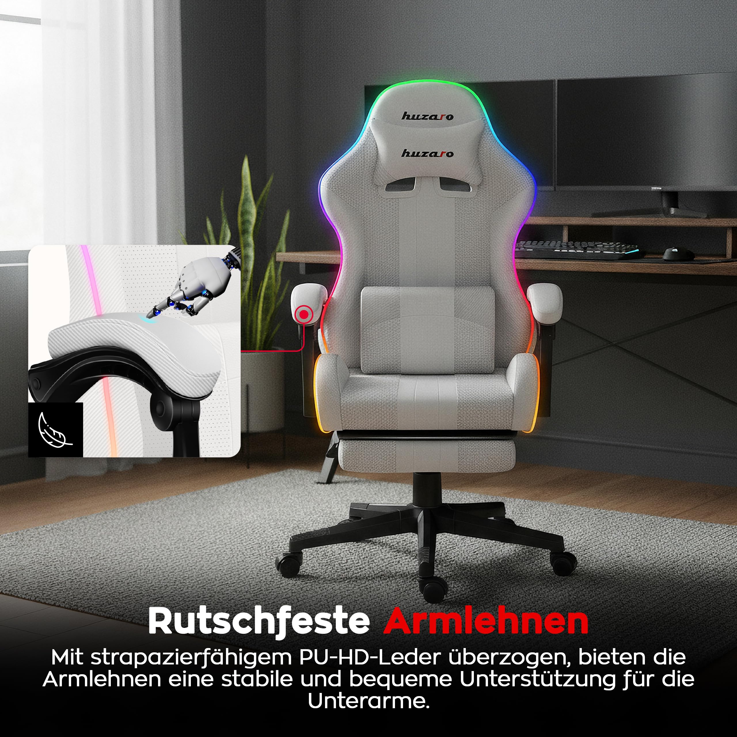 huzaro Force 4.7 RGB Gaming Stuhl - Ergonomischer Bürostuhl & PC Stuhl | Schreibtischstuhl für Gamer - Bis 150 kg belastbar - Mit ausziehbarer Fußstütze & Lendenkissen - Stoff Mesh – Weiß