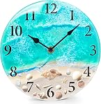 Horloge murale en verre nautique côtier avec conception de coquillages et thème de la plage de tortue - Décoration murale en silente pour la maison, la cuisine, le salon, le bureau, la chambre ou la salle de bains (12 Inch, bleu)