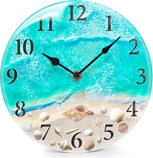 Coastal Nautical Glass Wall Clock with Seashell Design and Aesthetic Beach Theme Battery Operated photo Coastal Nautical Glass Wall Clock with Seashell Design and Aesthetic Beach Theme Battery Operated