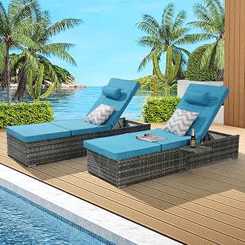 Pool Lounge Chairs Set of 2 - Chaise Lounge Outdoor with Adjustable Backrest, Beach Lounge Chair with Storage and Pe Rattan & Steel Frame, Tanning Chairs for Poolside, Garden Light Blue