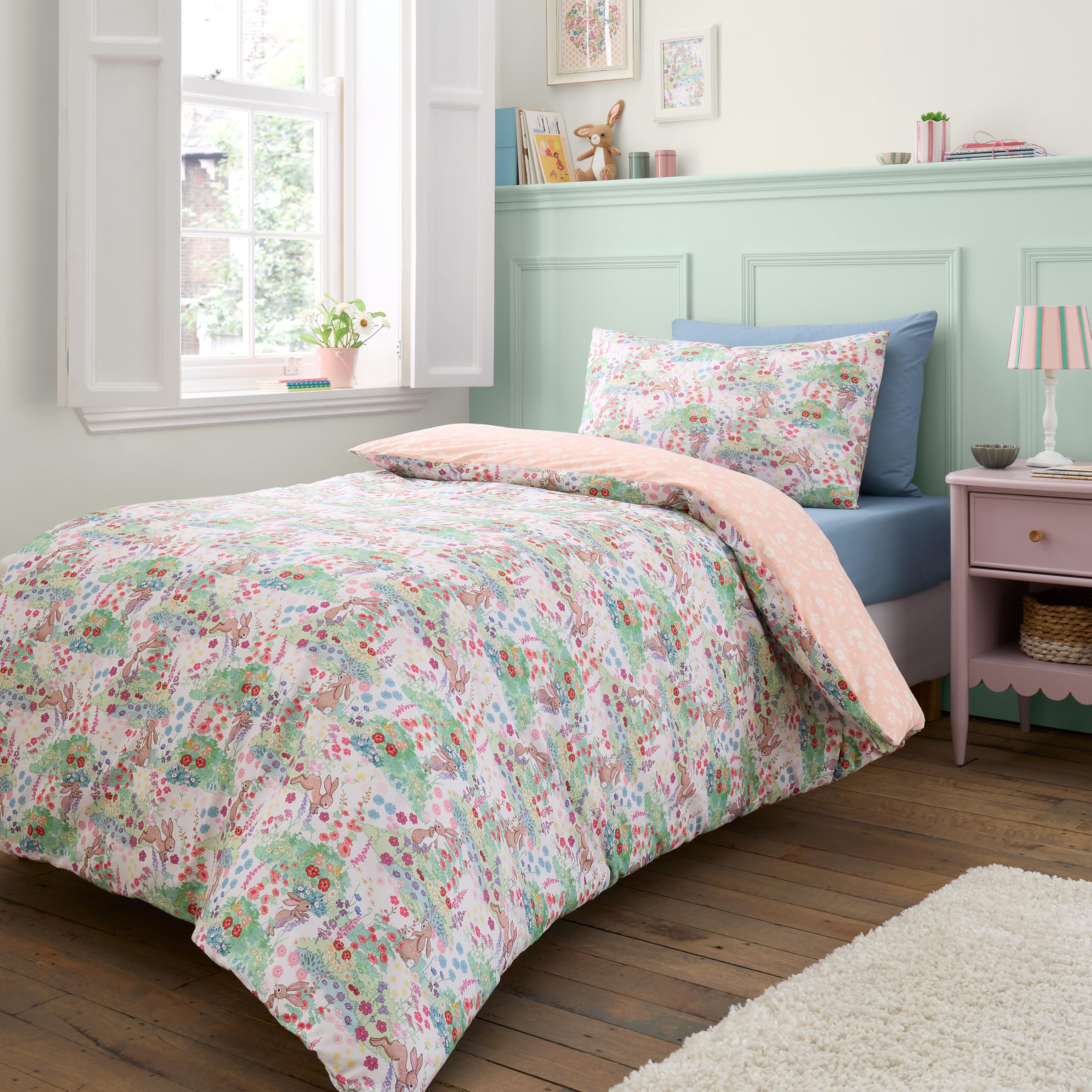 Belle & Boo Meadow Bunnies Reversible Cotton Double Duvet Cover Set with Pillowcases Blue