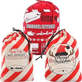 JOYIN 3 PCS Christmas Personalized Santa Burlap Sack Gift Bags with Drawstring for Large Xmas Package Storage Bag, Holiday Party Supplies, Xmas Party Favors 26