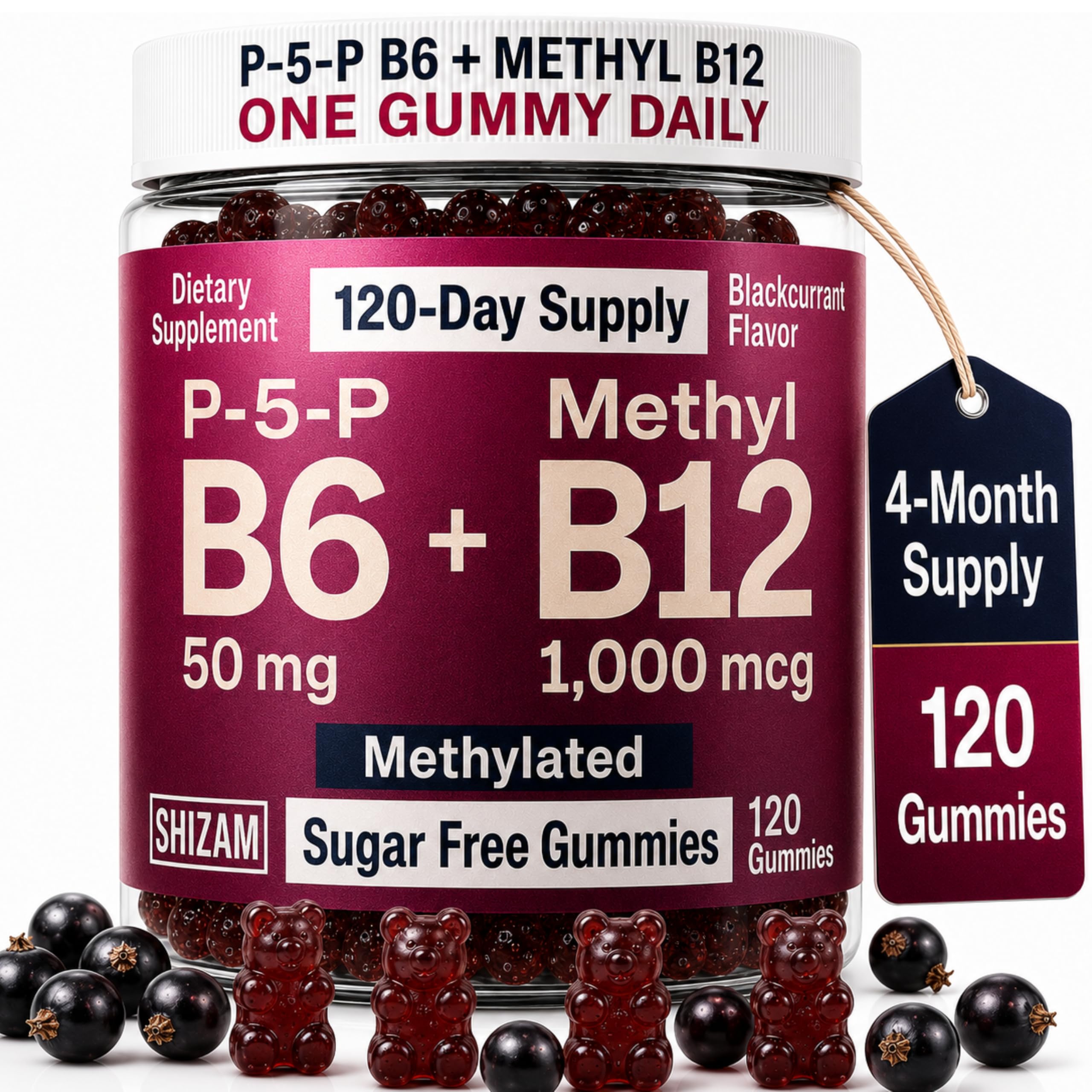 SHIZAM Vitamin B6 P-5-P 50 mg + Methyl B12 1,000 mcg Gummies, Sugar Free