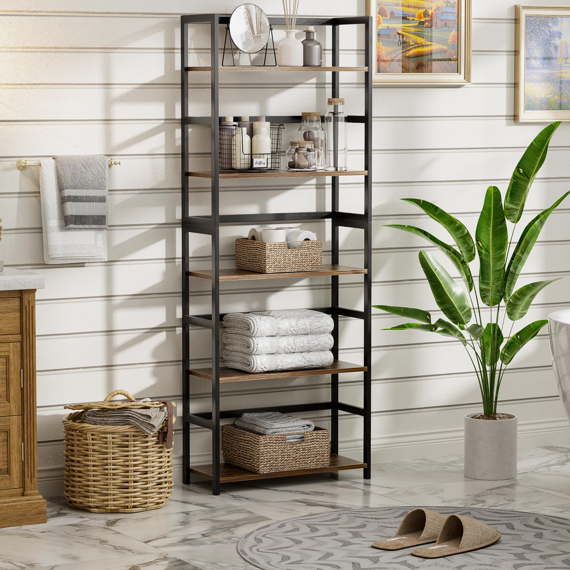Estantería de madera de bambú de 5 niveles, estante alto de almacenamiento, estantería grande, organizador industrial moderno para el hogar, oficina, sala de estar, cocina, dormitorio (marrón 4