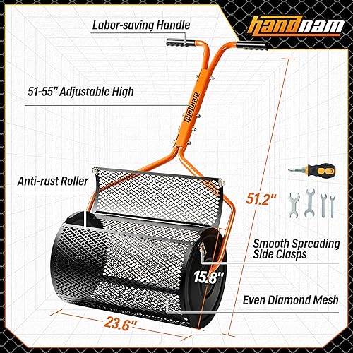 Miniatura 5 de Esparcidor de compost, esparcidor de musgo de turba de 24 pulgadas, esparcidor de césped y jardín con mango ajustable en altura, esparcidor de