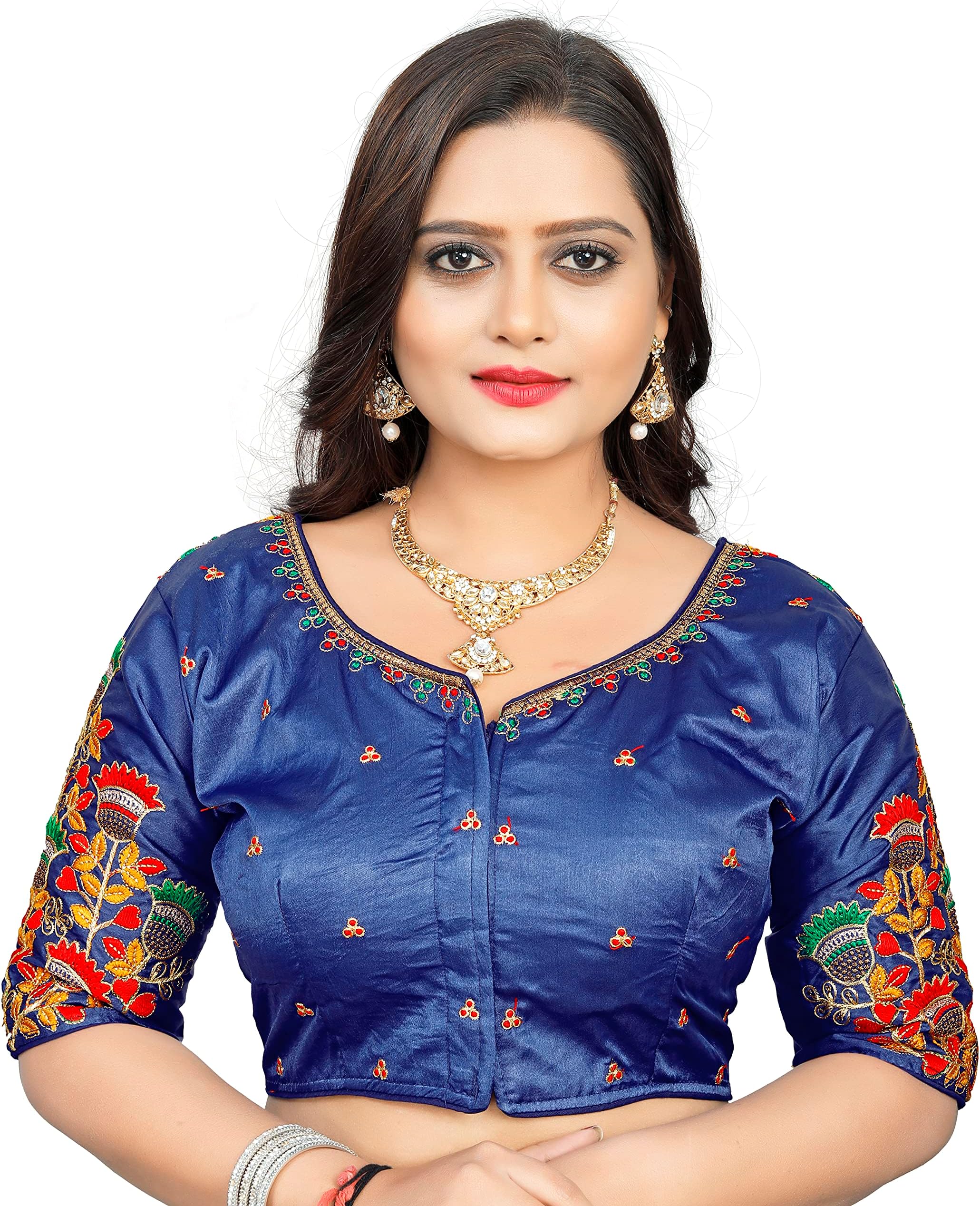 Cotton Silk All Over embrodered Round Neck Cutwork Half Sleeves Saree Blouse Readymade Crop Top Choli for Girls & Womens Free Size (503)