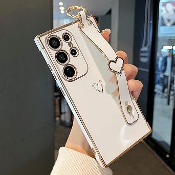 ZTOFERA for Samsung Galaxy S21 Ultra 5G Case with Wrist Strap,Luxury Cute Plating Edge Love Hearts Pattern for Girls Women, Finger Holder Kickstand Soft Shockproof Phone Case for S21 Ultra 6.8",White