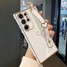 ZTOFERA for Samsung Galaxy S23 Ultra 5G Case with Wrist Strap,Luxury Cute Plating Edge Love Hearts Pattern for Girls Women, Finger Holder Kickstand Soft Shockproof Phone Case for S23 Ultra 6.8",White