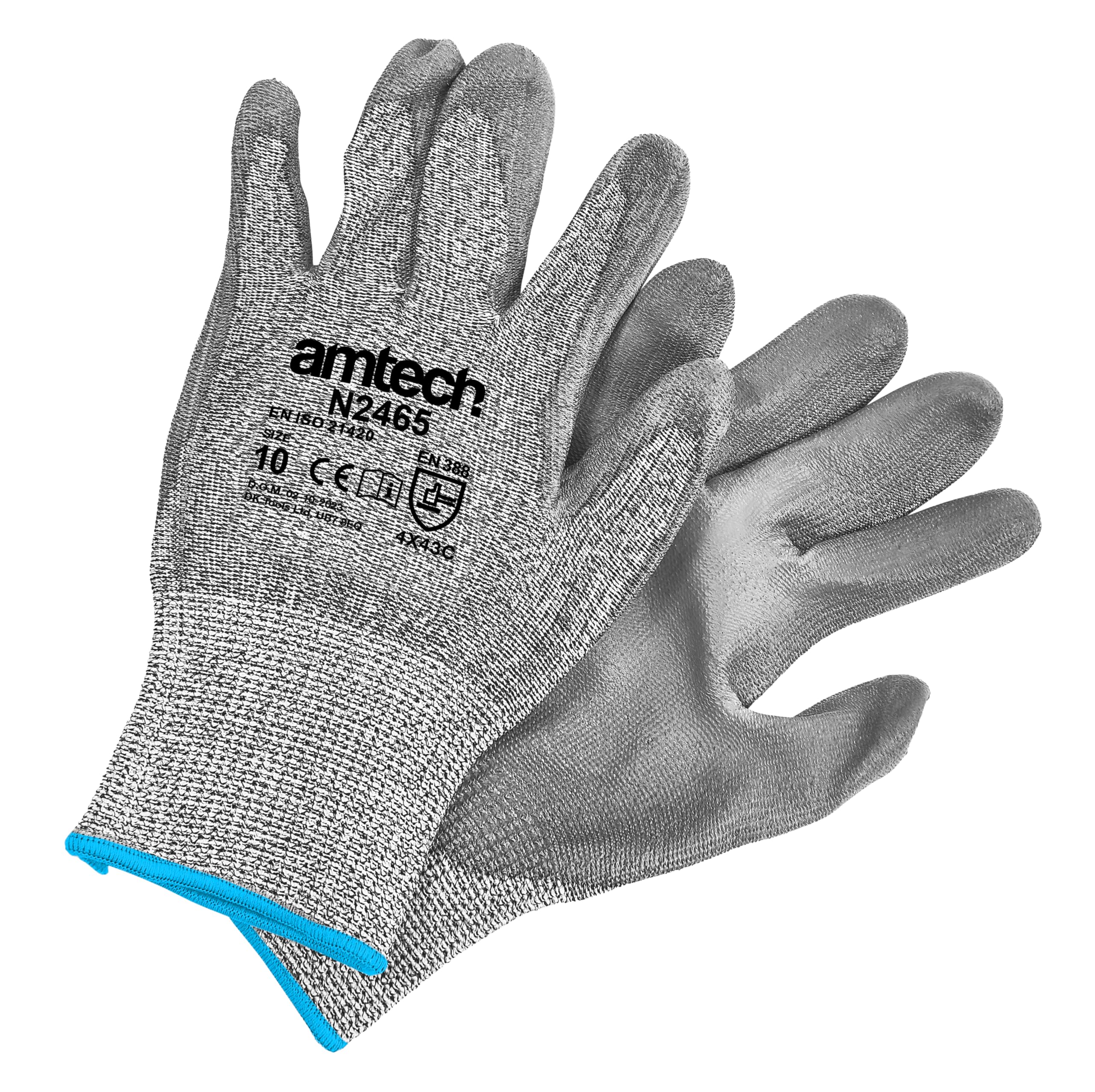Amtech - Cut Resistant Level 5 Gloves for Home DIY and Gardening, PU Coated Palms to Protect Hands, Comfortable and Secure Fit with Elasticated Wrist (XL, Size: 10)