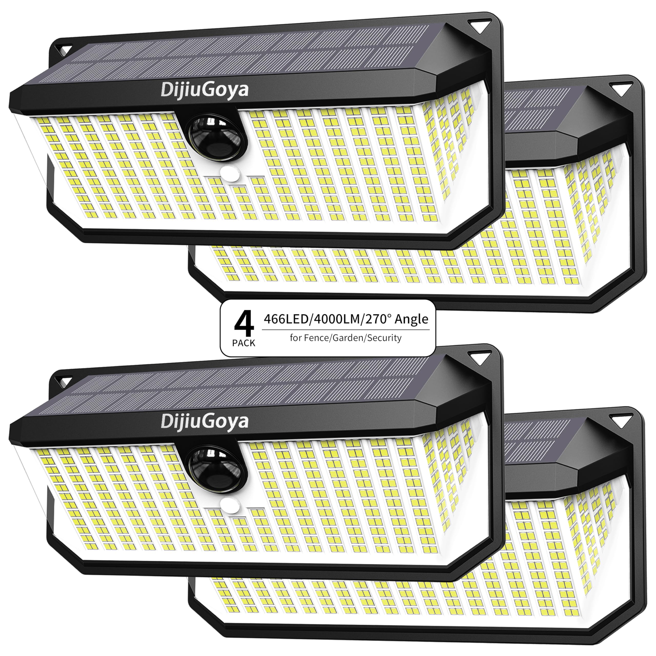 DijiuGoya 466 LEDs Solar Security Lights Outdoor with Motion Sensor, 4-Pack