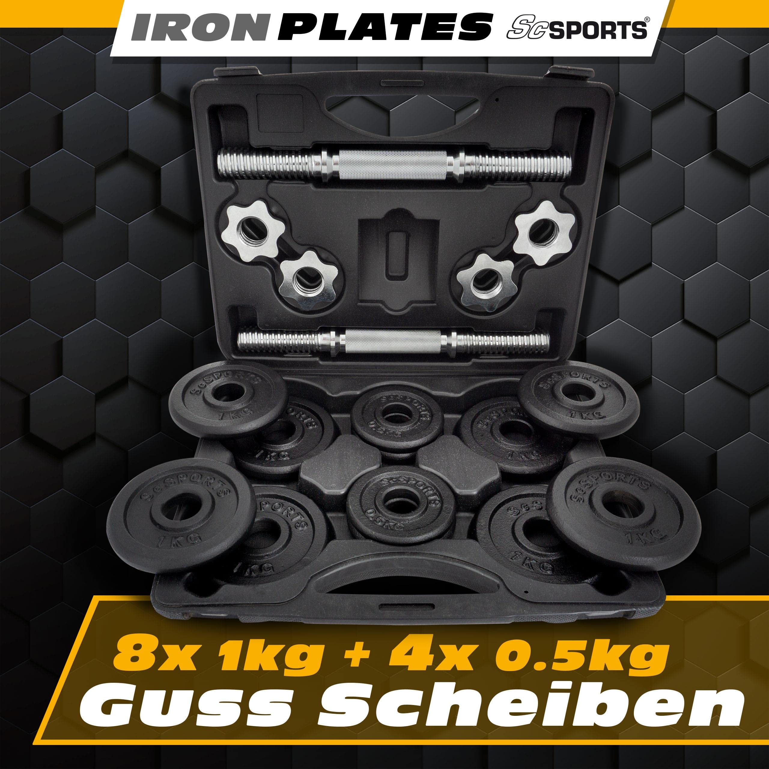 ScSPORTS® Zestaw krótkich hantli 10/15/20 kg, w zestawie talerze do sztangi, Ø 30/31 mm, żeliwo, zapięcia gwiazdowe, z walizką, z tworzywa sztucznego, czarny/srebrny – zestaw krótkich hantli, hantle