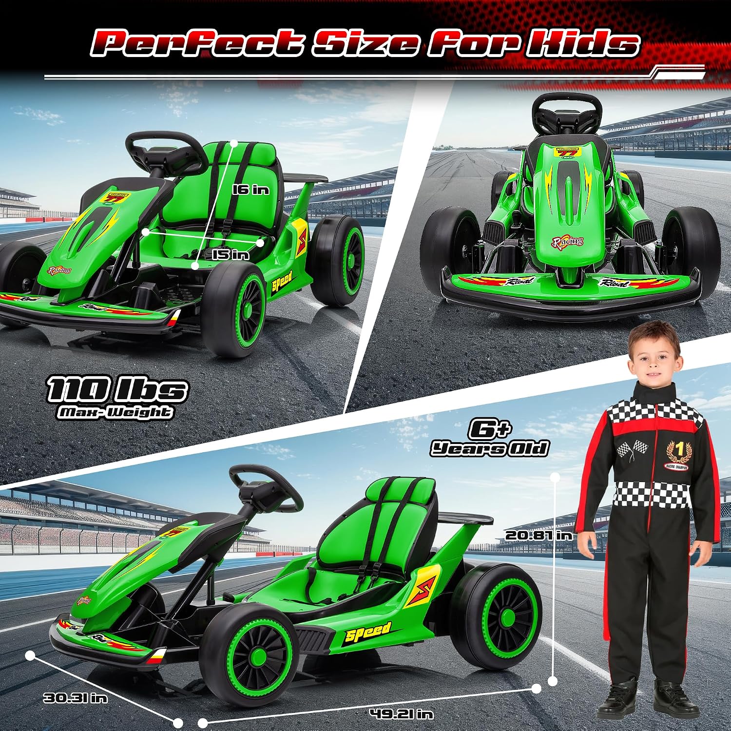 24V Go Karts for Kids Ages 6-12, 400W Electric Go Kart with EVA Tires, Max Speed 8.1 MPH, High/Low Speed, Music, USB, Fast Drift Go-Kart Outdoor Ride on Toy for Boys Girls (Green)