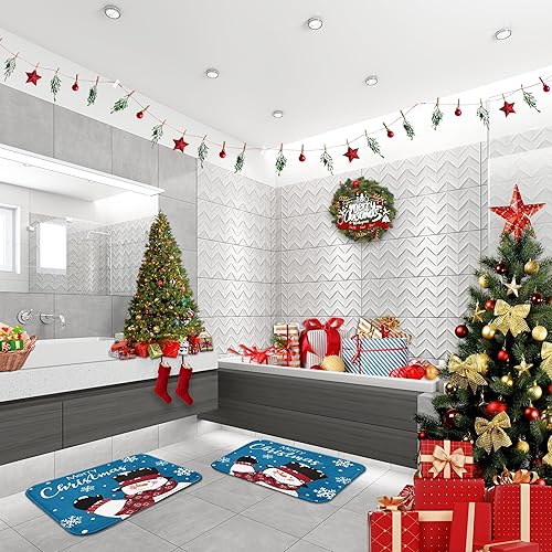 Miniatura 3 de Arttown Juego de 2 tapetes de baño de Navidad, lindos copos de nieve y copos de nieve sobre fondo azul, cubierta lavable, alfombra de piso, alfombra