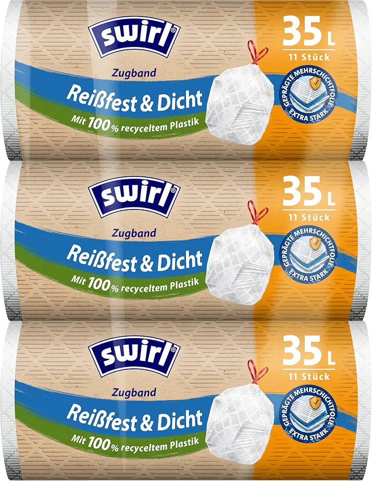 Swirl Tear-Resistant & Tight Bin Liners with Drawstring, 35 L, Multipack with 33 Bin Bags, Extra Strong, Drip-Proof