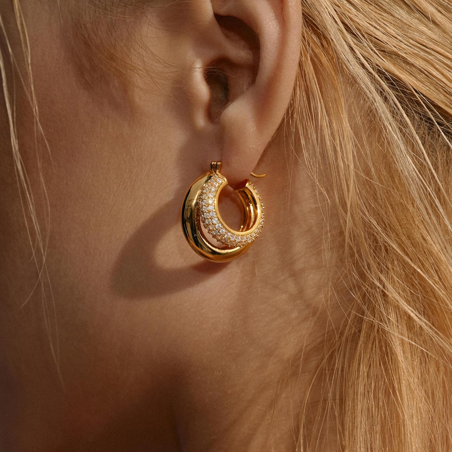 Double Hoop Earrings for Women, Cubic Zirconia Huggies 18K Gold Plated Thick Huggie Hoops Hypoallergenic Trendy Two Hoop Earring Styles Chunky Gold Hoop Earrings Gifts for Women - Image 4