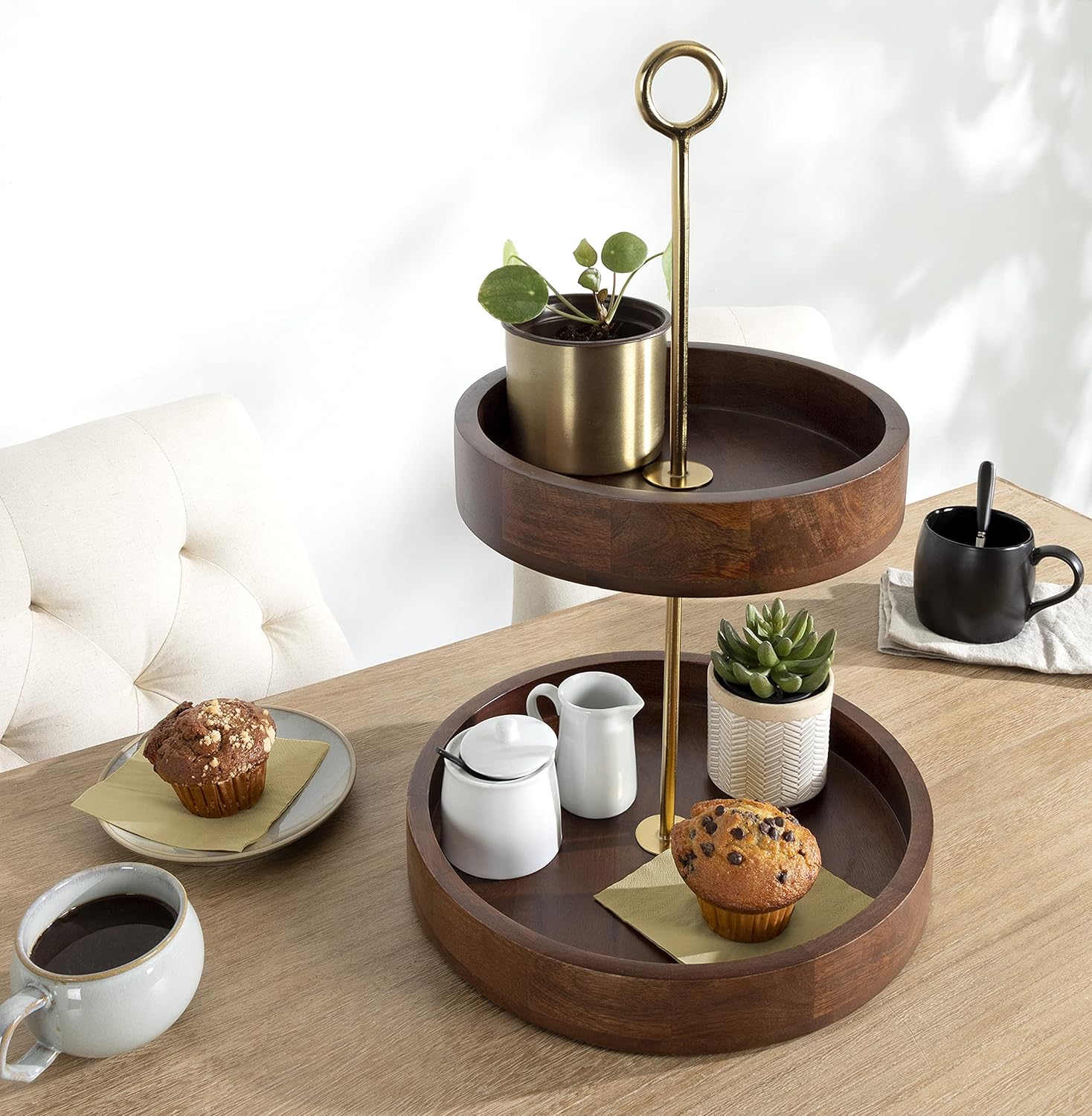 Kate and Laurel Lipton Modern Two Tier Tray, 13 x 13 x 20, Walnut Brown and Gold, Glam Decorative Tray