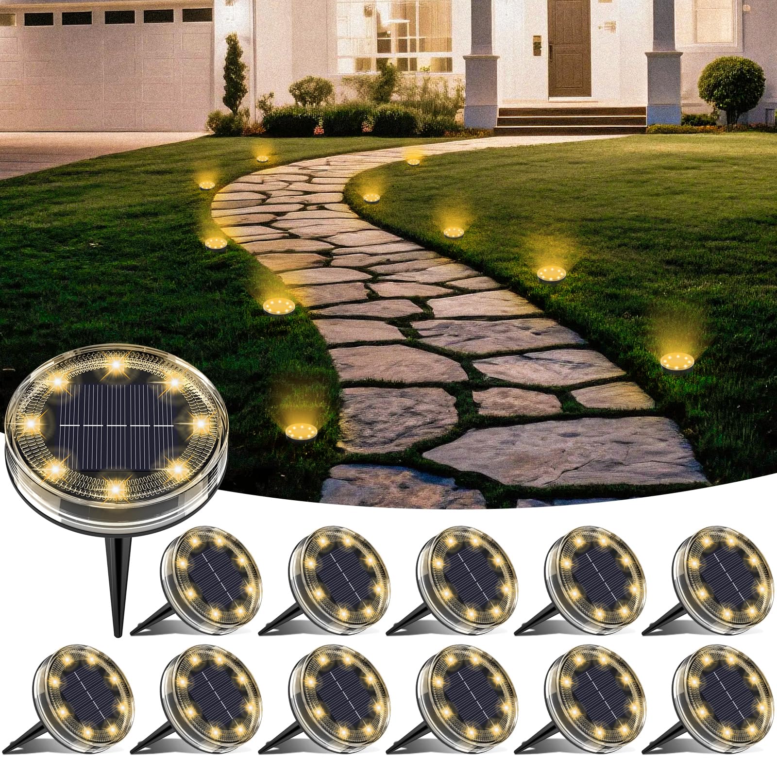 LOTMOS 12 Paquetes Luces Solares LED Exterior Jardin Suelo, 8 LED Impermeable Luz Solar Exterior Jardín, Lamparas Solares Suelo Camino, Terraza, Patio, Césped, Blanco Cálido