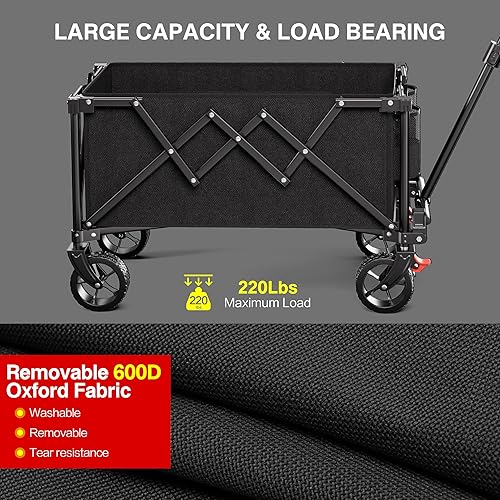 Miniatura 5 de Carro plegable plegable, carrito de jardín plegable resistente con grandes ruedas de playa todo terreno, portavasos y bolsillos laterales, para