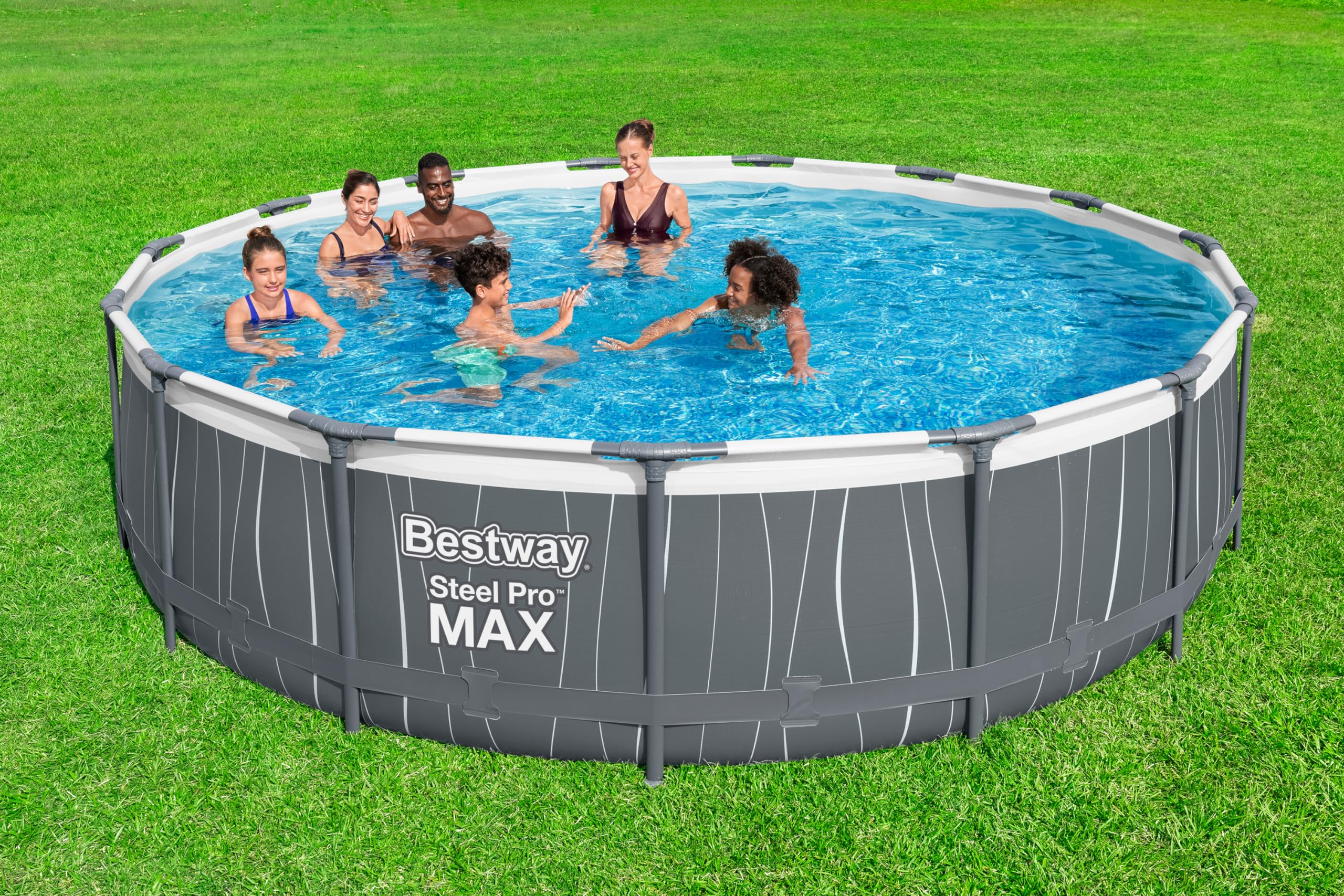 BESTWAY Steel Pro Max Rohr-Aufstellpool-Set 457 x 107 cm rund (mit Kartuschenfilter, Leiter, Abdeckung, LED-Licht)