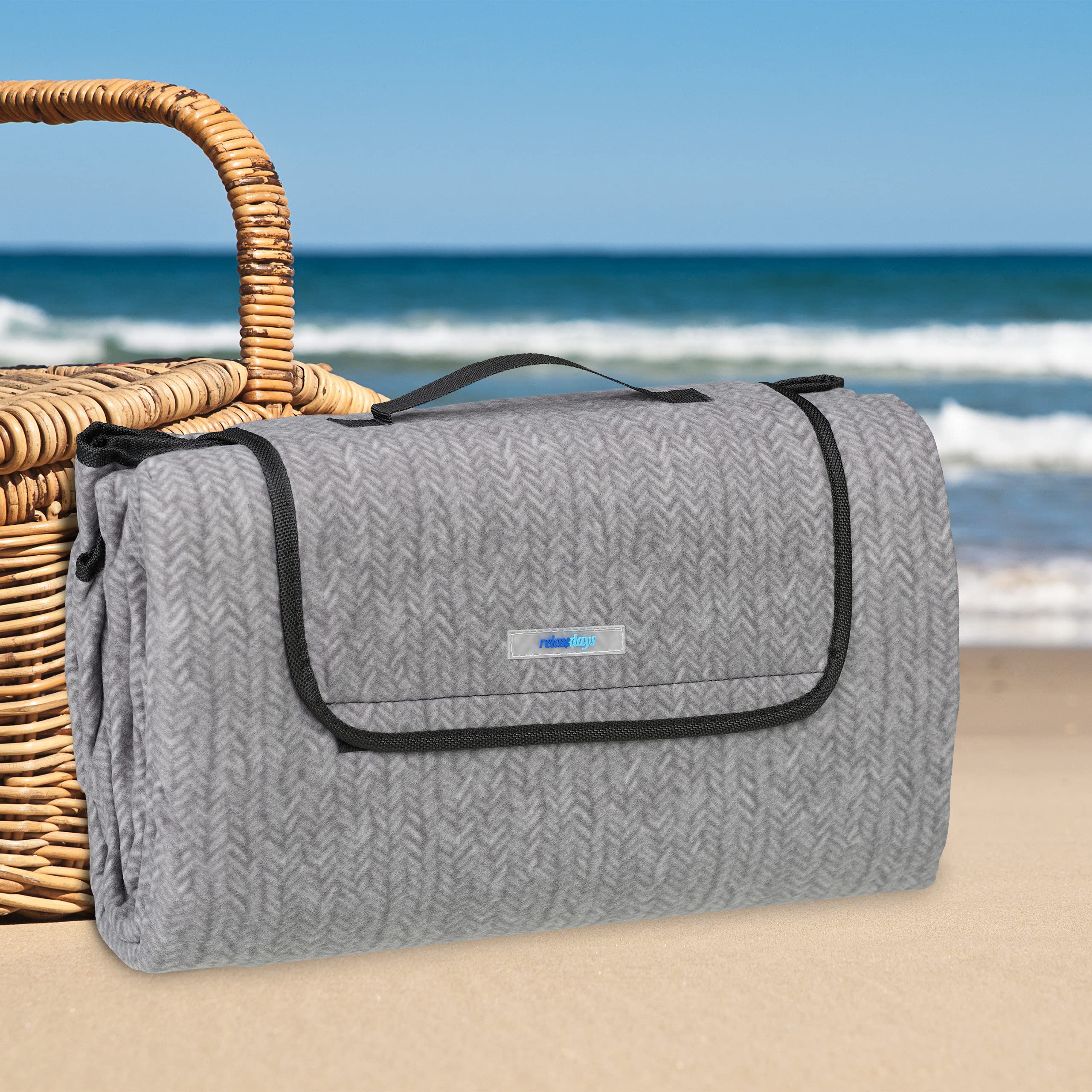 relaxdays Couverture Pique-Nique XXL, 200x200 cm, Tapis de Plage Polaire, Isolation Thermique, imperméable, Anse, Gris