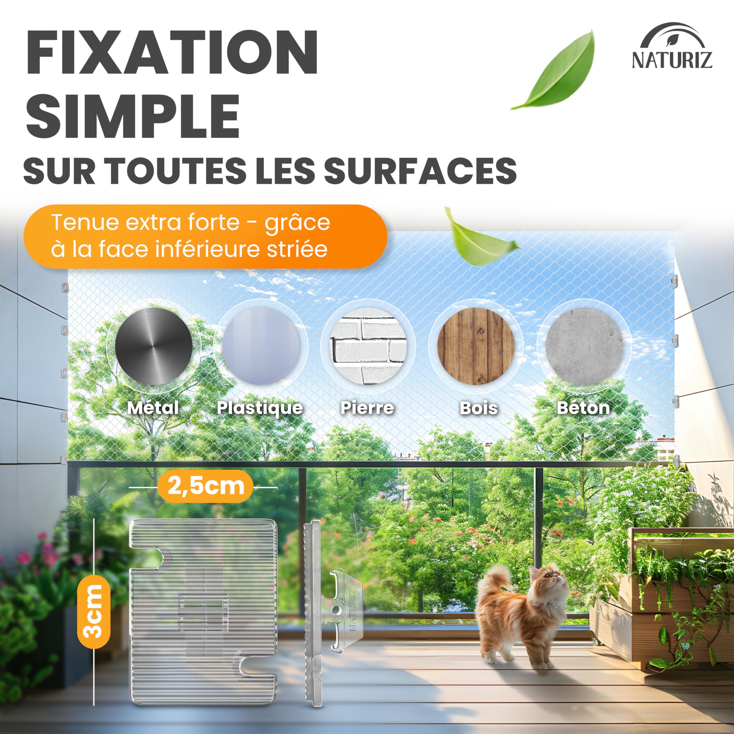 Naturiz Filet de protection pour chat balcon 3 x 8 m renforcé fil de fer transparent blanc crochet adhésif