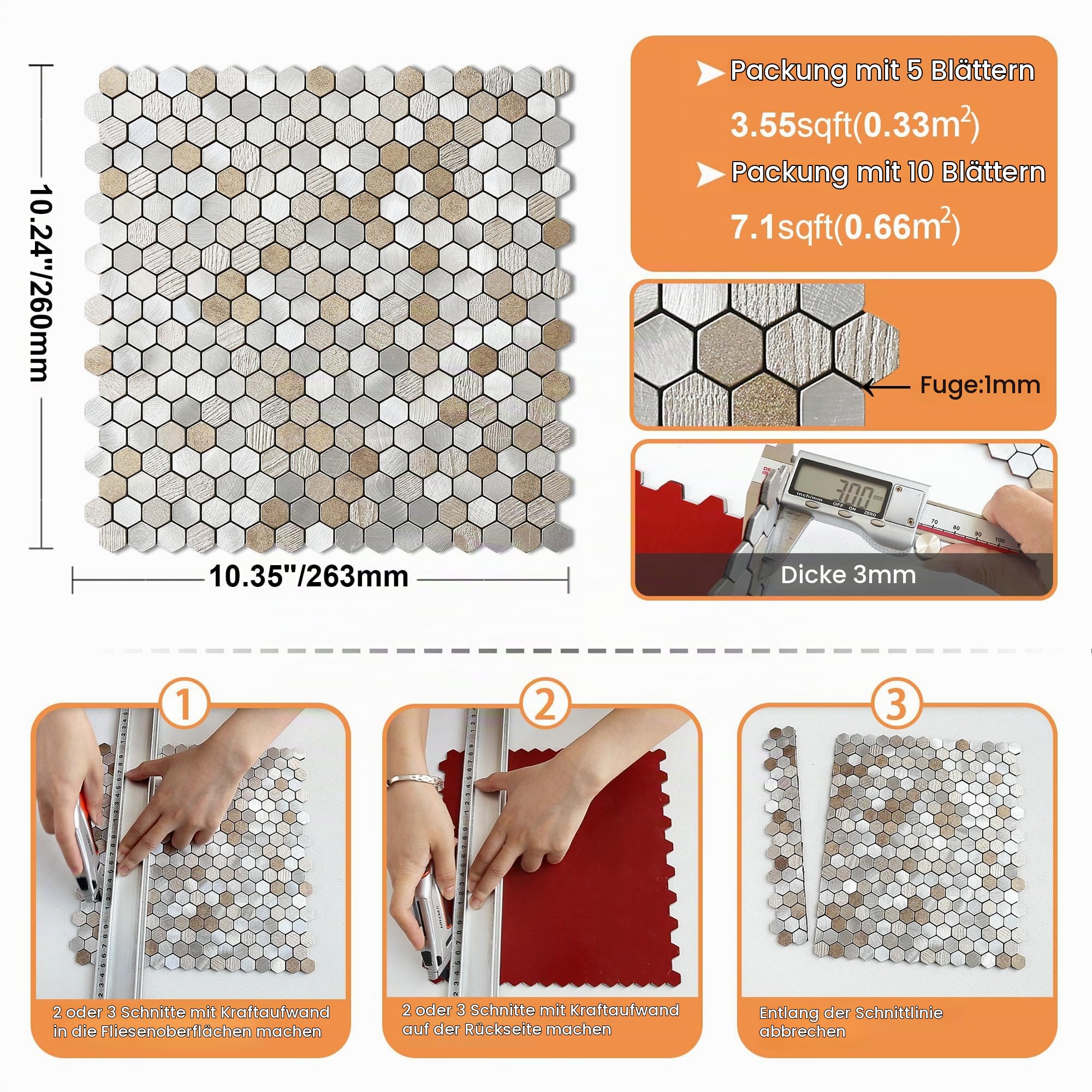 VAOVI Selbstklebende Mosaikfliesen Fliesenaufkleber Beige,10 Stück