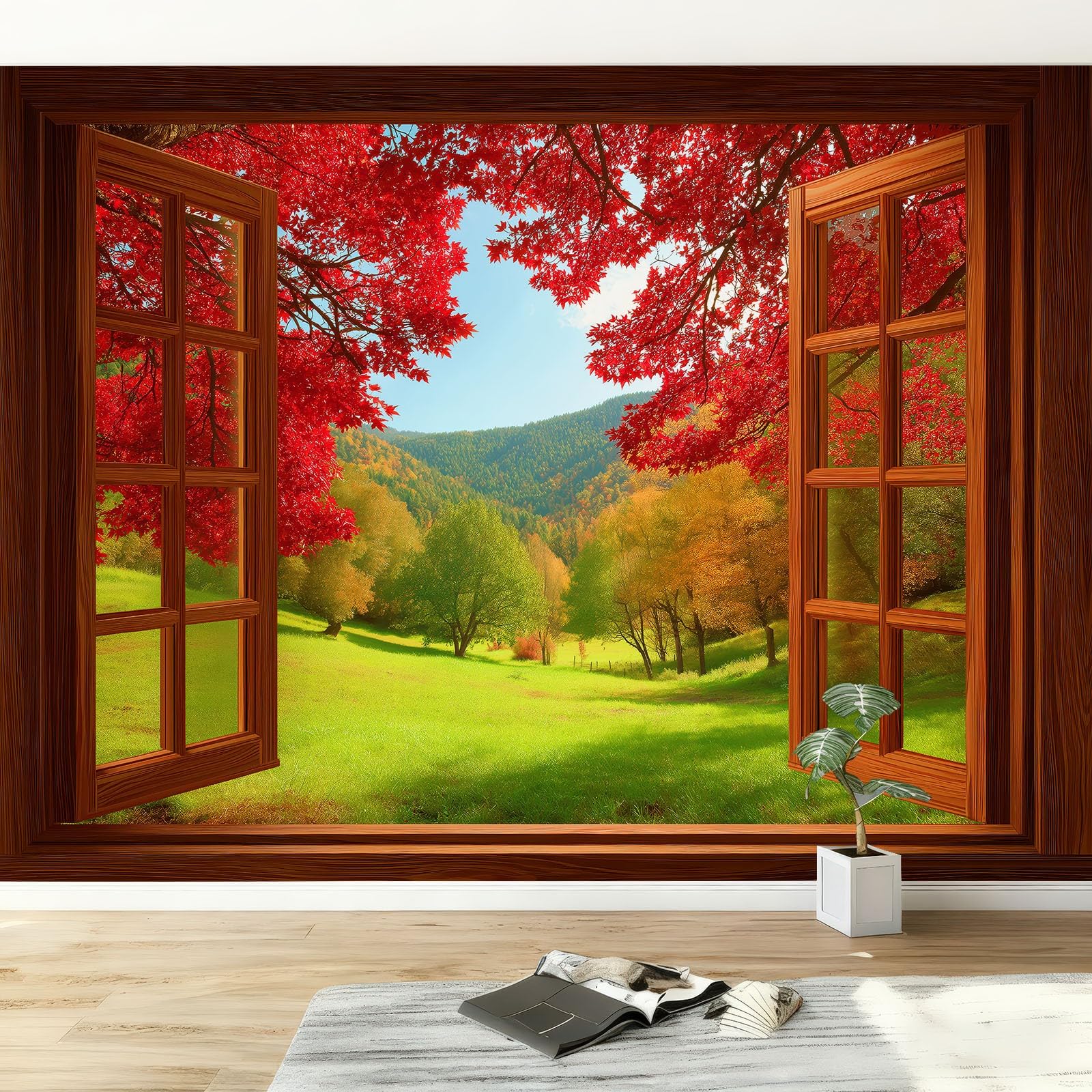 Fototapeta 3D, okno sklepowe, czerwony klon, trawnik, 250 x 175 cm, fototapeta, jesienna sceneria, nowoczesny salon, tło telewizora mural tapeta do salonu TV sofa motyw hotel murale