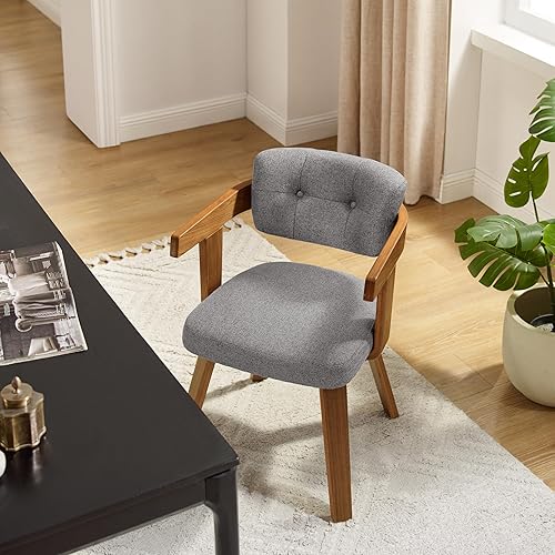 Miniatura 7 de Art Leon Silla de oficina sin ruedas, moderna de mediados de siglo, silla de escritorio tapizada de tela sin ruedas, silla con brazo decorativo con