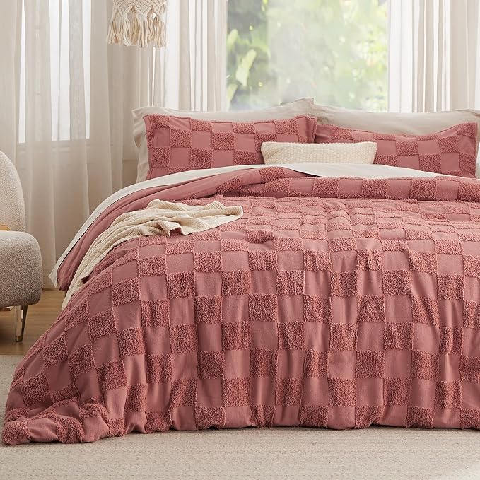 Bedsure Queen Size Comforter Set Beige, Boho Tufted Bed Set, Checkered Farmhouse-Style Distressed Vintage Bedding, 3 Pieces, 1 Plaid Geometric Comforter and 2 Pillow Shams