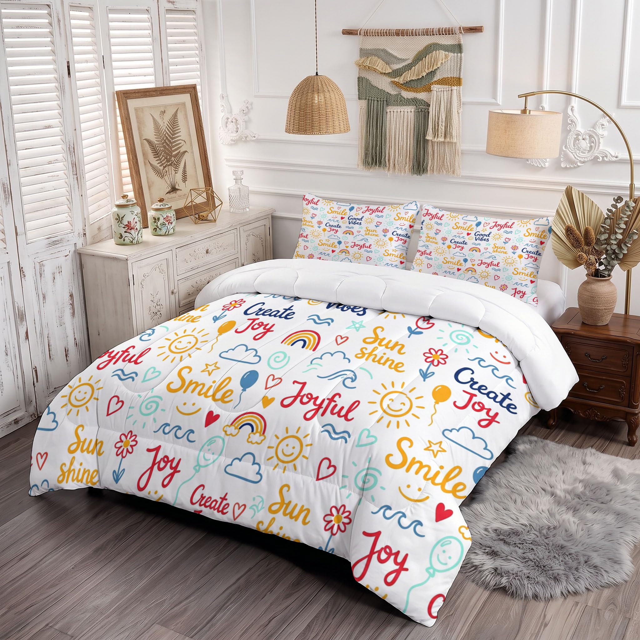 Citazioni Motivazionali Piumone Matrimoniale 200x200cm Reversibile Trapuntino Copriletto Leggera Graffiti Sole Nuvole Coperta Trapuntatura Morbido Alternativo in Piuma con Federe, Bianco