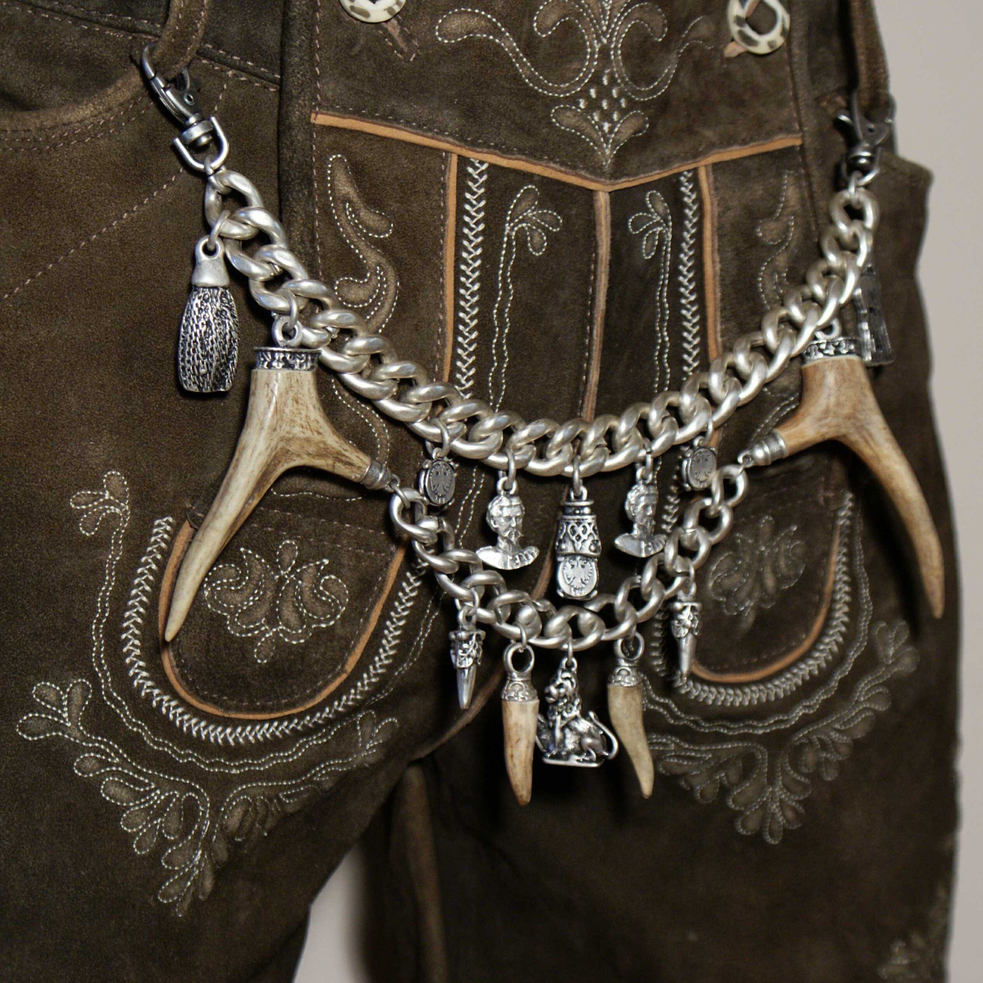 Charivari echt versilbert Kette zweireihig Tracht Hirschhorn Hirsch Reh Horn Trachtenkette für Lederhose hochwertige Qualität Unikat Herren Damen Handarbeit Made in Austria