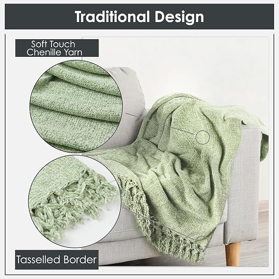 Emma Barclay Throw Blanket For Sofas Bed Extra Large Soft Chenille Throws For Settees In Meadow Green Throw Fleece Blankets - Darcy Collection 50 x 60 (127cm x 152cm) Meadow Green