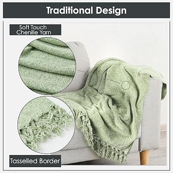 Emma Barclay Throw Blanket For Sofas Bed Extra Large Soft Chenille Throws For Settees In Meadow Green Throw Fleece Blankets - Darcy Collection 50 x 60 (127cm x 152cm) Meadow Green