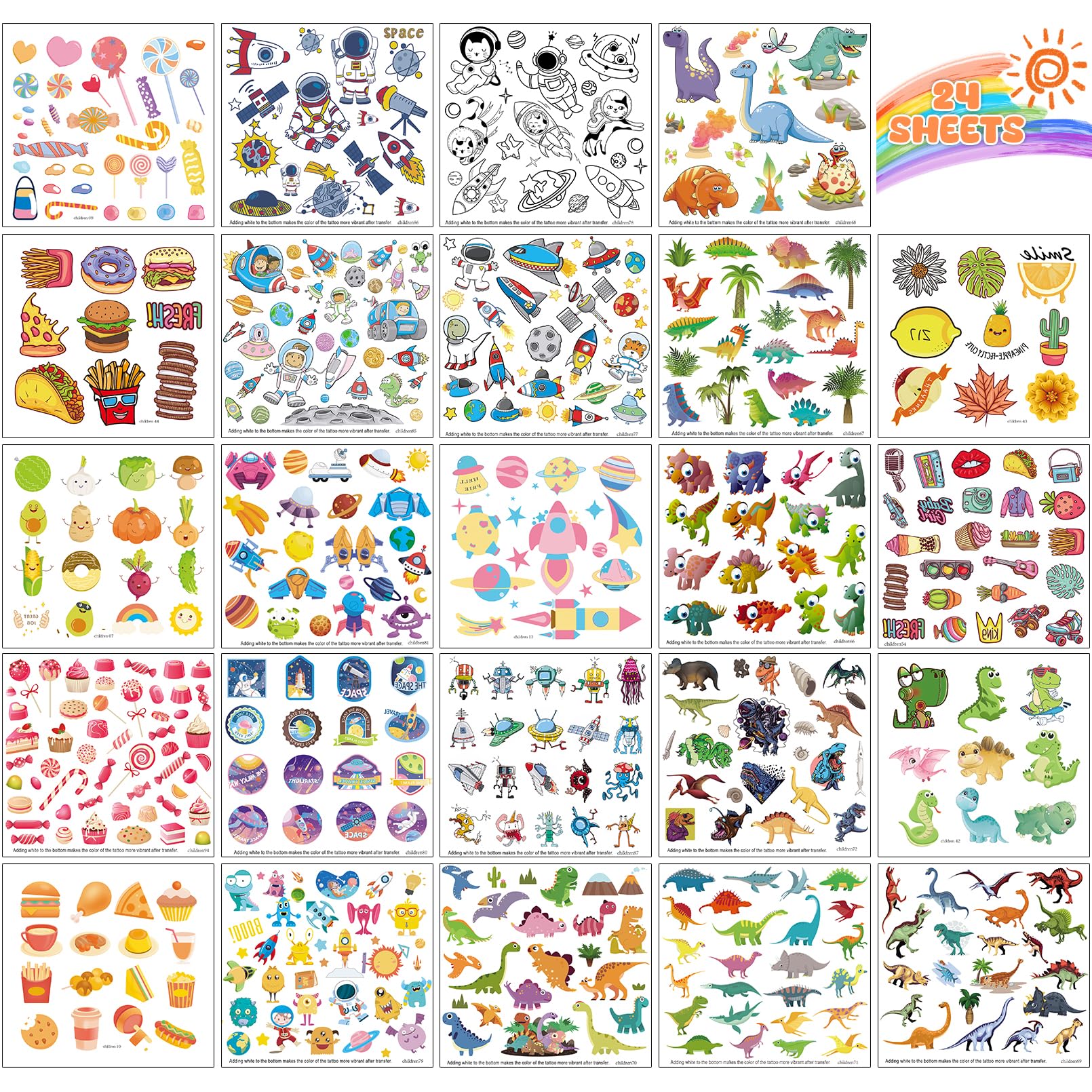 Aresvns Cute Temporary Tattoos Waterproof Tattoo Stickers with Dinosaurs, Food, Candy, Astronauts Space Theme Party Favors