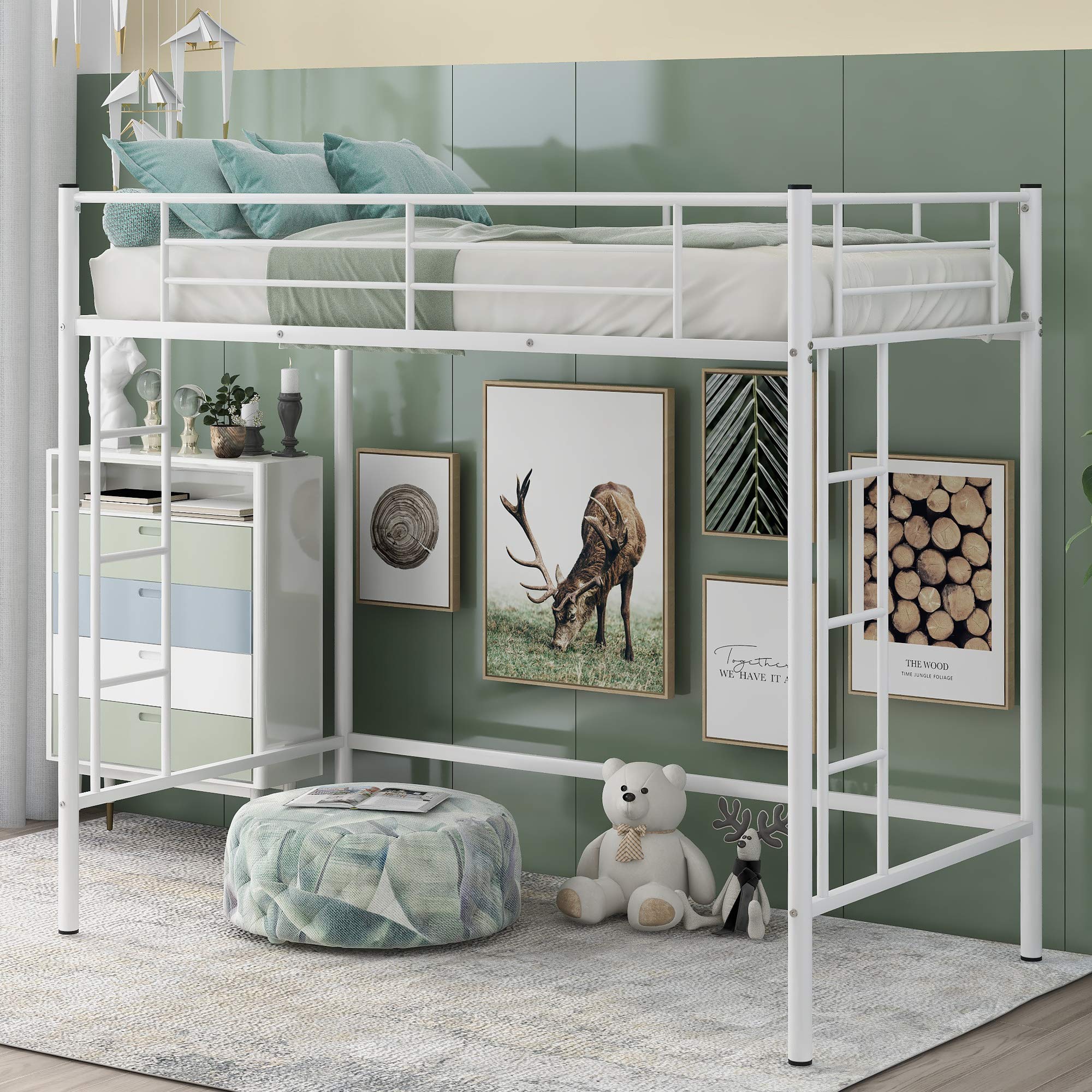 Buy Twin Heavy Duty Metal Loft Bed with Desk, Shelf and Ladder for Kids