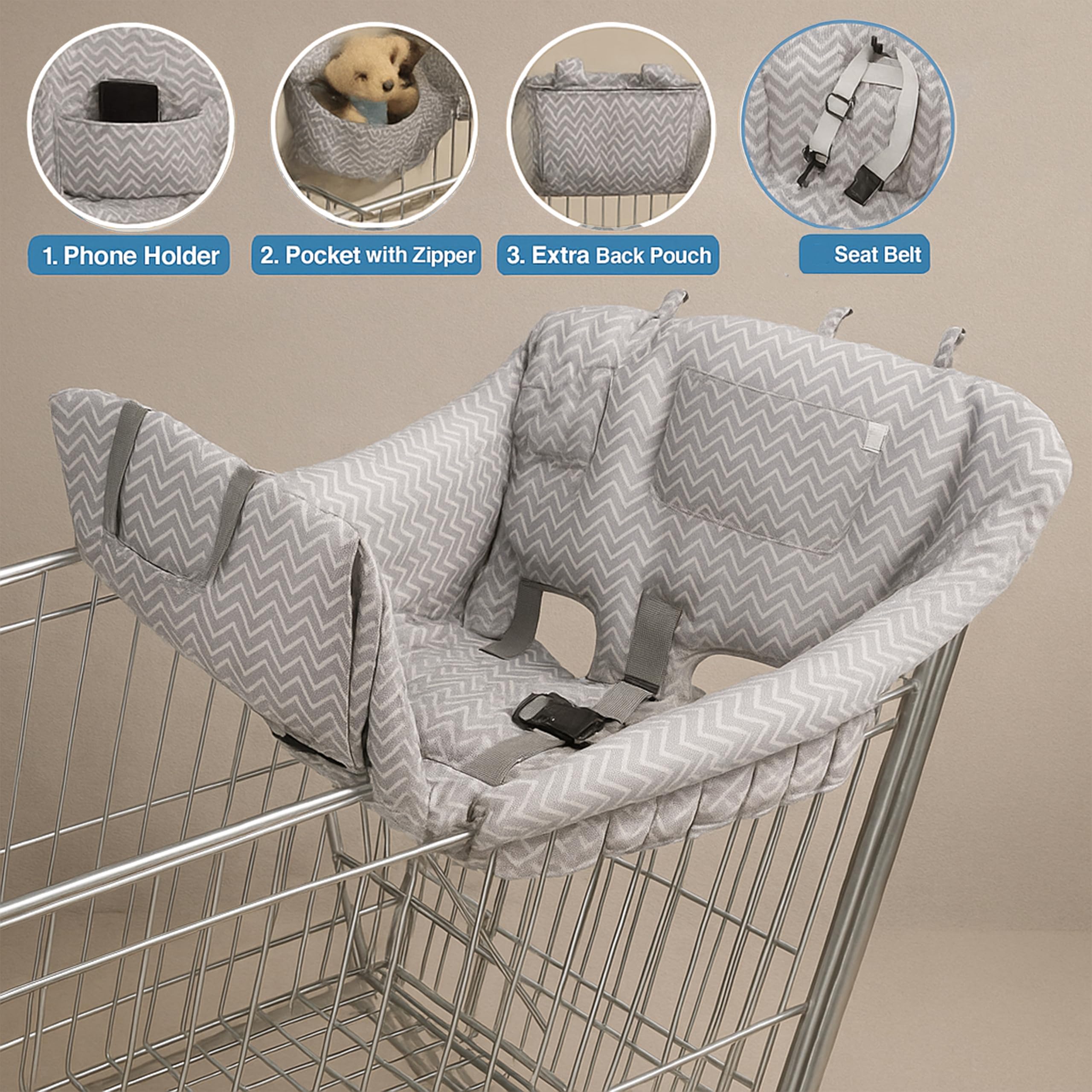 PlayGround® Cuscino per Seggiolone da Supermercato, Carrello della Spesa - Proteggi Seggiolino Copertura Carrello Bambino Portatile - Confortevole e Morbido - Lavabile in Lavatrice