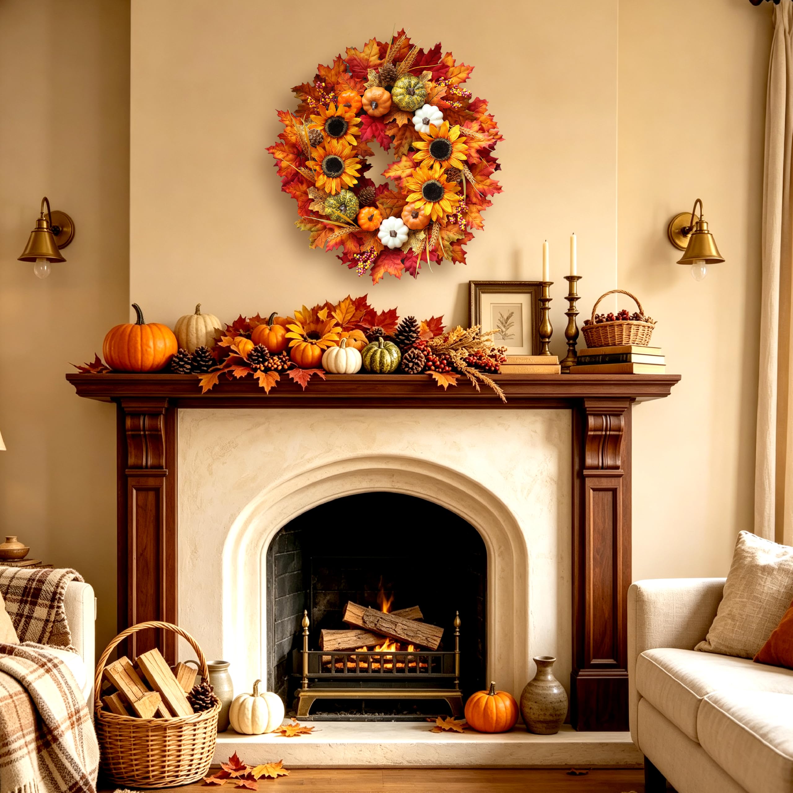 Couronne d'automne de tournesol pour porte d'entrée avec feuilles d'érable | Couronne d'automne artificielle avec pommes de pin pour Thanksgiving, Halloween, décoration de fenêtre, mur, ferme