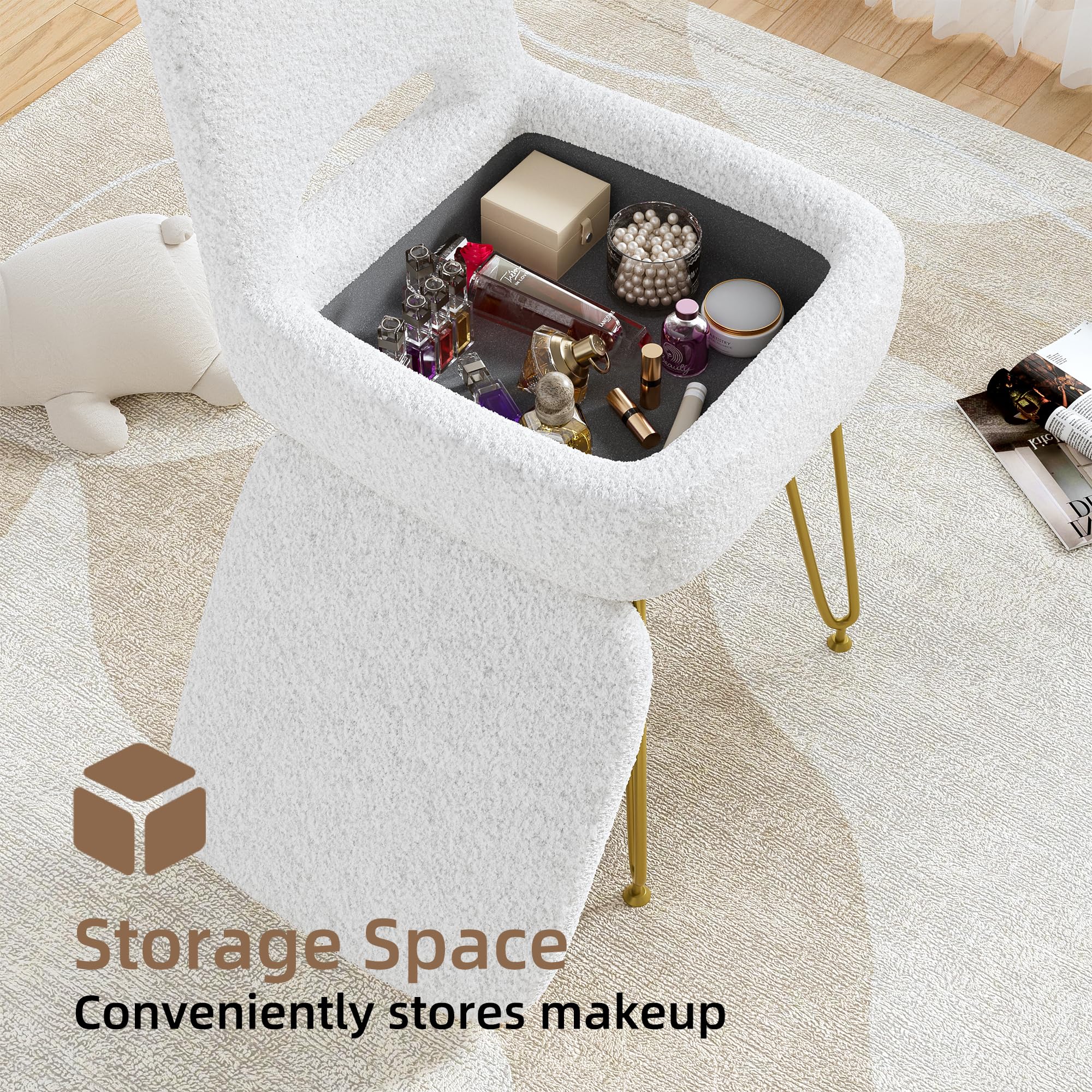 3 in 1 Sedia da Trucco con Vano Portaoggetti e Schienale, Moderno Sgabello da Trucco, Schienale Ribaltabile Che si Trasforma in Poggiapiedi, per Camera da Letto, Soggiorno,fino 136KG Bianco 33*38*80CM