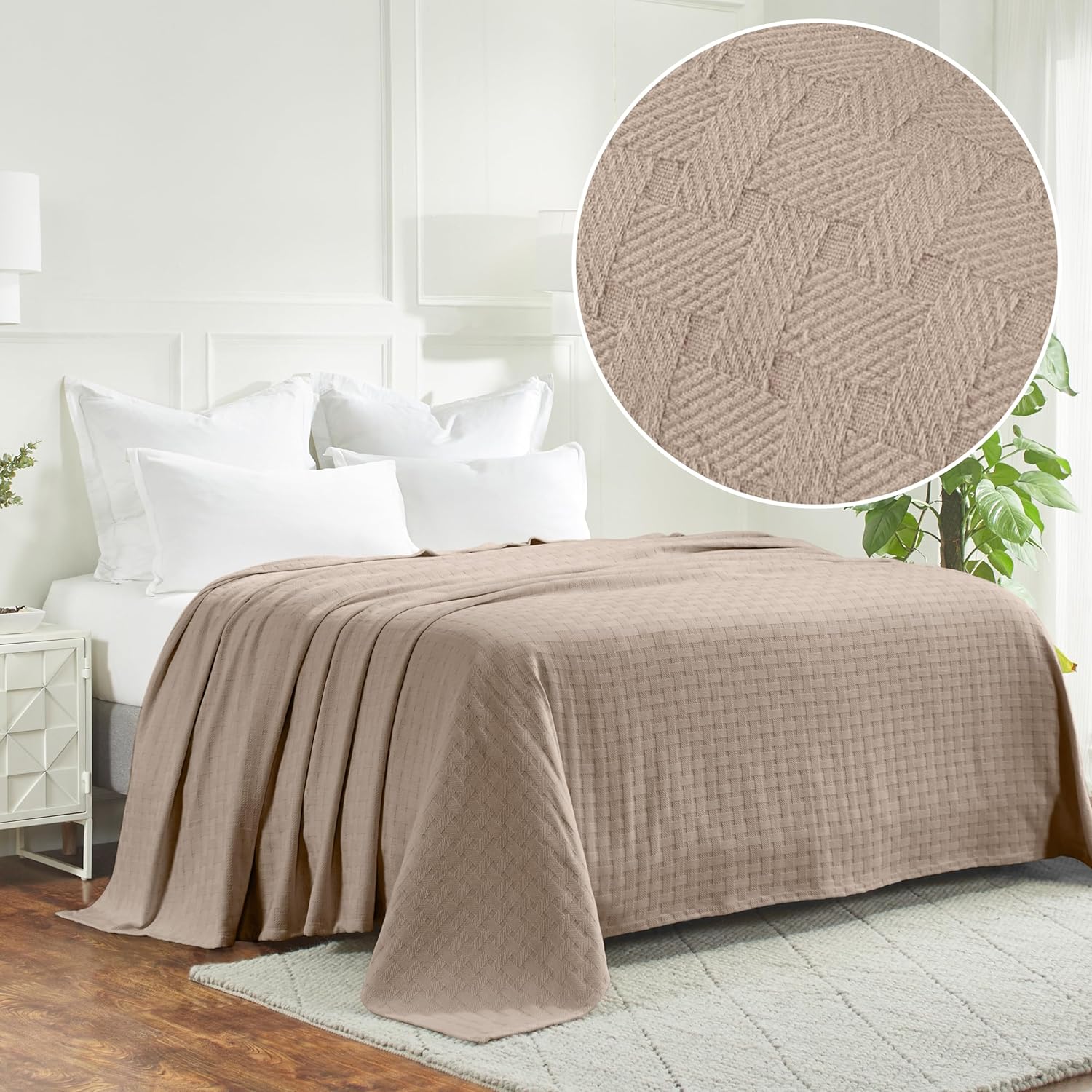 Superior Basketweave Cotton Blanket, Basket Weave Design, Soft, Comfy Cover for Bed, Bedding, Bedroom, Couch Throw, Lounging, Modern Boho Medium Weighted Blankets, Twin Size, Khaki - Image 2