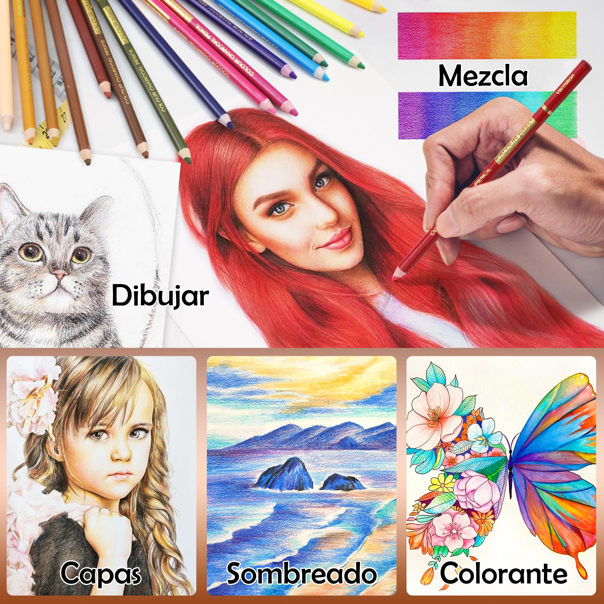 KALOUR PDAS Juego de 24 lápices de carbón de colores, lápices de tiza pastel, tono de piel, para dibujar, sombrear, colorear, capas y mezclar para principiantes y artistas