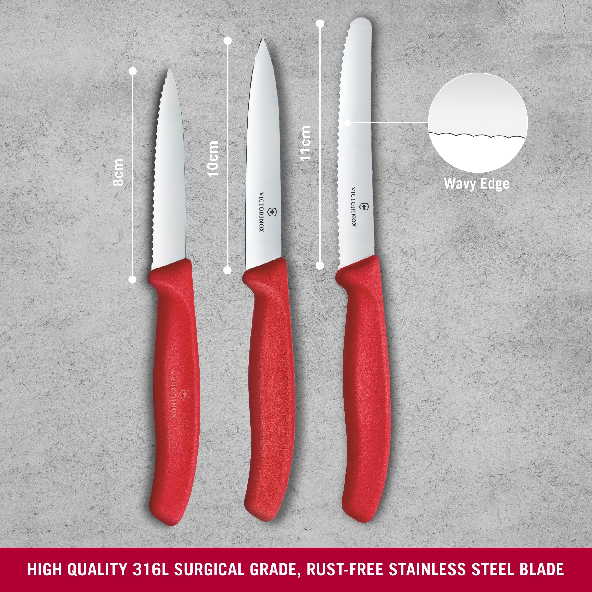 Set di coltelli da cucina Victorinox Swiss Classic, 3 pezzi, Coltello per verdure, pomodori e colazione, Manico in plastica robusta, Acciaio inossidabile, Rosso