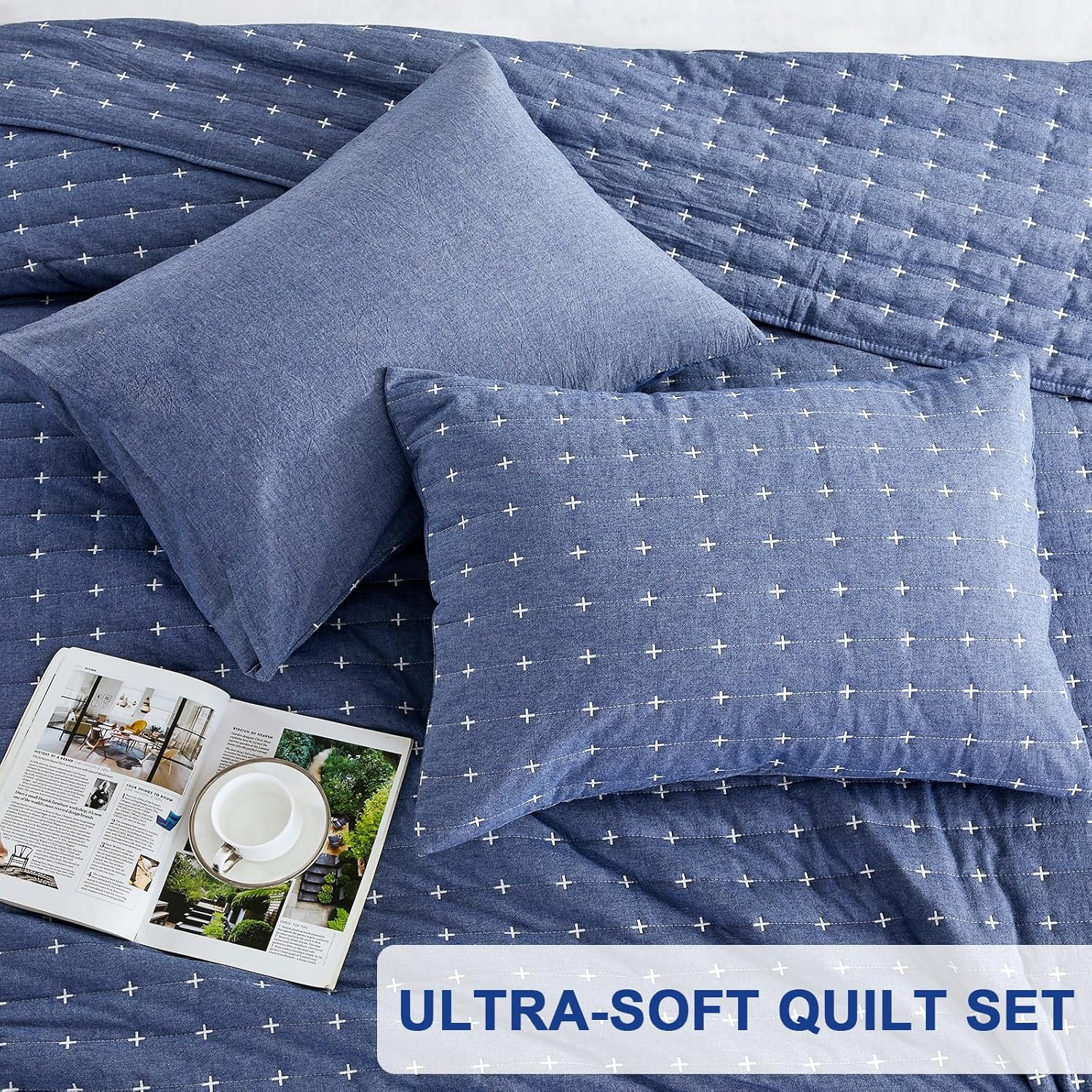 ENJOHOS Blue 100% Cotton Linen Twin Quilt Set, Twin Bedspread Coverlet, Twin Size Quilt Bedding Set, Reversible Lightweight Bed Quilt with Shams for Girl Boy Kid (2 Pieces, 68"x86")