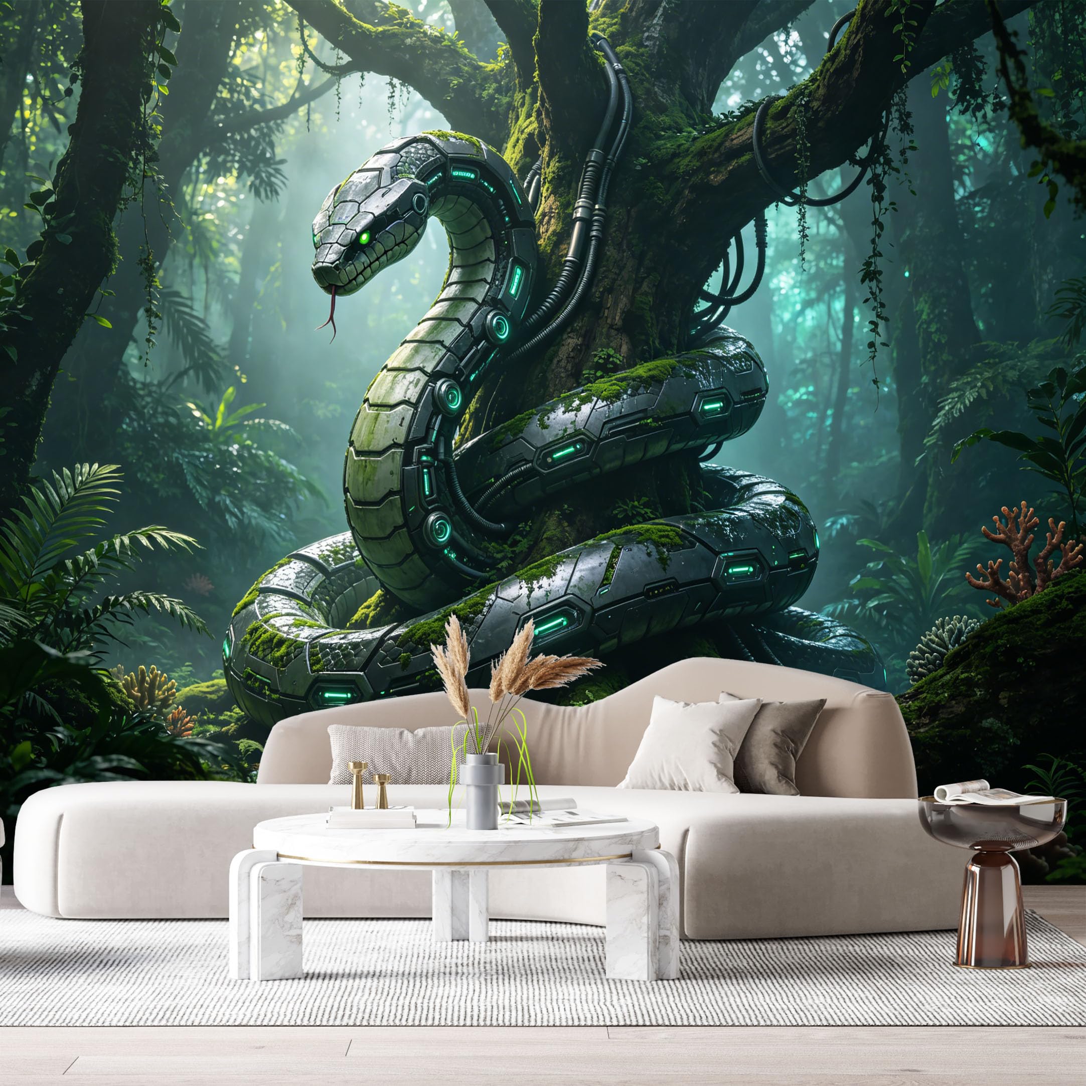 Custom Size Wall Mural Cybernetic Serpent Mech Forest Science Fiction Futuristic Metal Armor 3D Textured SelfAdhesive Art Prints Removable Large Wallpaper Esports Room Game Room Studio