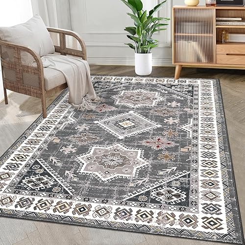 HEBE - Alfombra bohemia de 3 x 5 pulgadas, lavable, para dormitorio, antideslizante, alfombra oriental vintage bohemia alfombra de pelo bajo para